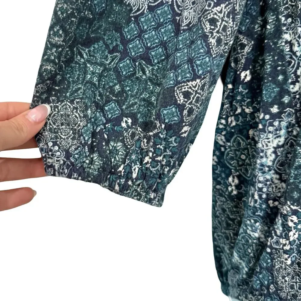 Michael Kors Blue Paisley Floral Scoop Neck Bracelet Sleeve Blouse Top size L - Picture 7 of 10